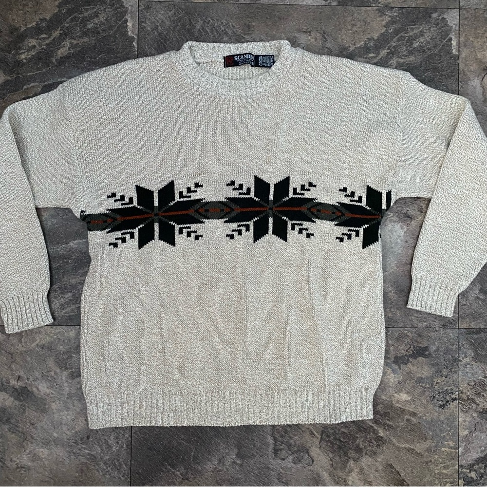 Vintage Scandia Fair Isle Nordic Ski Sweater Cotton Ivory Size XL Made in USA